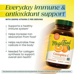 MegaFood Complex C label packaging with gluten-free and third-party tested badges.