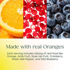 MegaFood Complex C real-food ingredients panel featuring orange and cranberry.