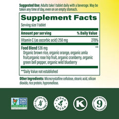 MegaFood Complex C tablets close-up highlighting daily vitamin C dose and vegan formula.