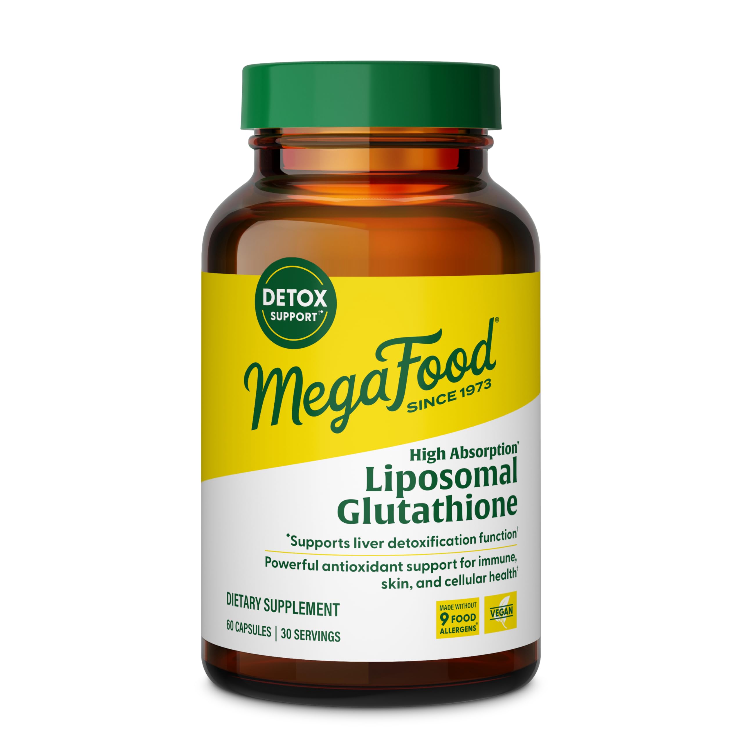 MegaFood high absorption liposomal glutathione bottle close-up highlighting detox support.