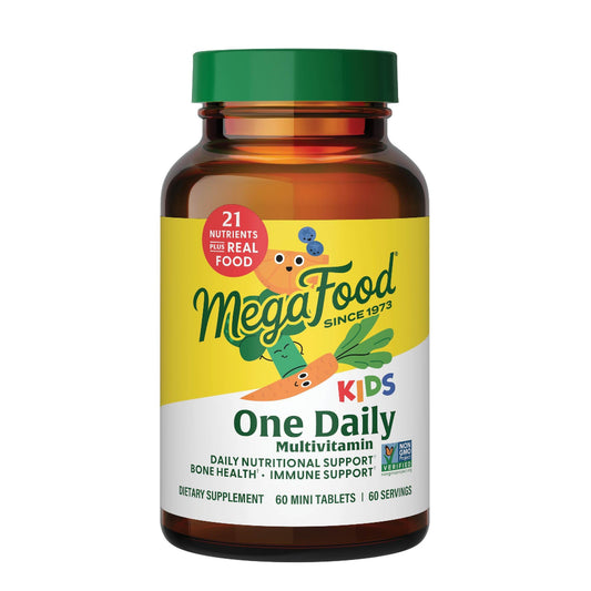 MegaFood Kids One Daily bottle front shows a kid-friendly vitamin for growth.