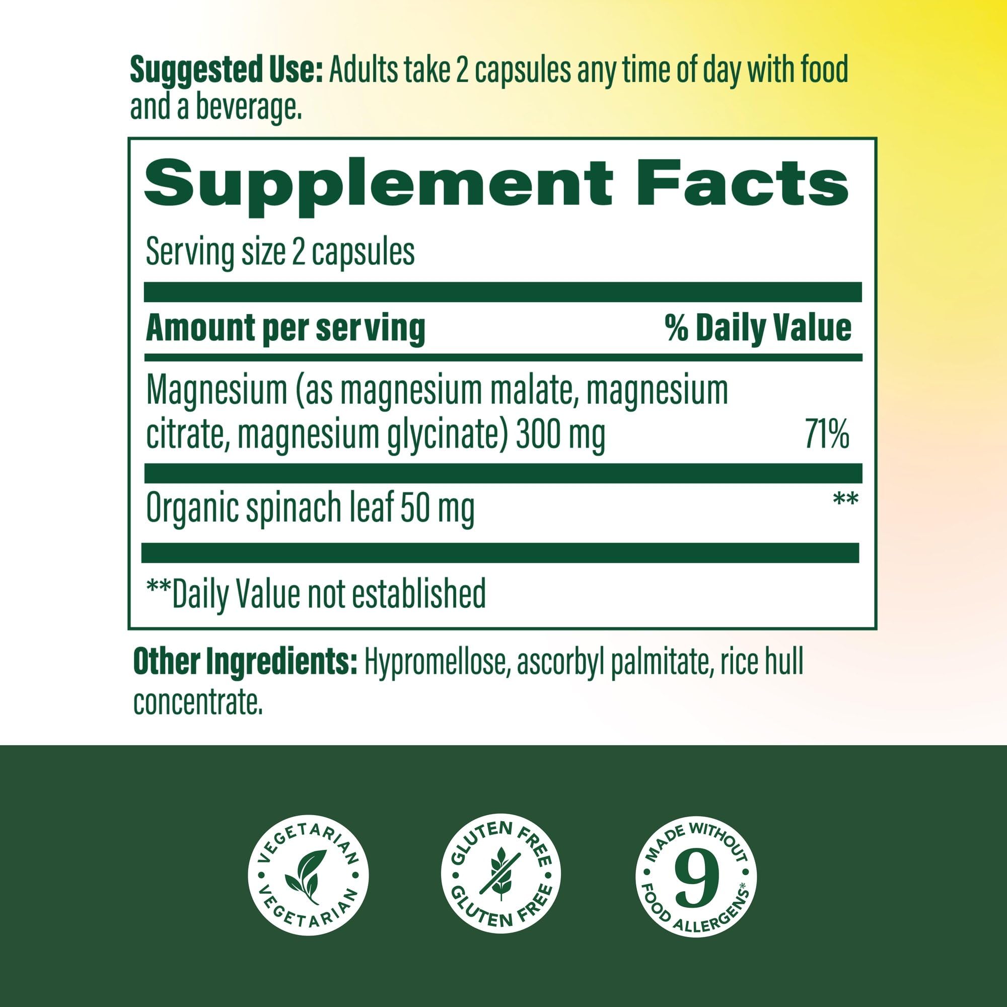 Close-up of MegaFood magnesium capsules showing glycinate, citrate, and malate for absorption