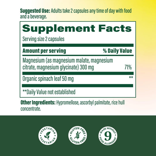 Close-up of MegaFood magnesium capsules showing glycinate, citrate, and malate for absorption