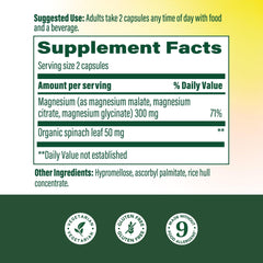 Close-up of MegaFood magnesium capsules showing glycinate, citrate, and malate for absorption