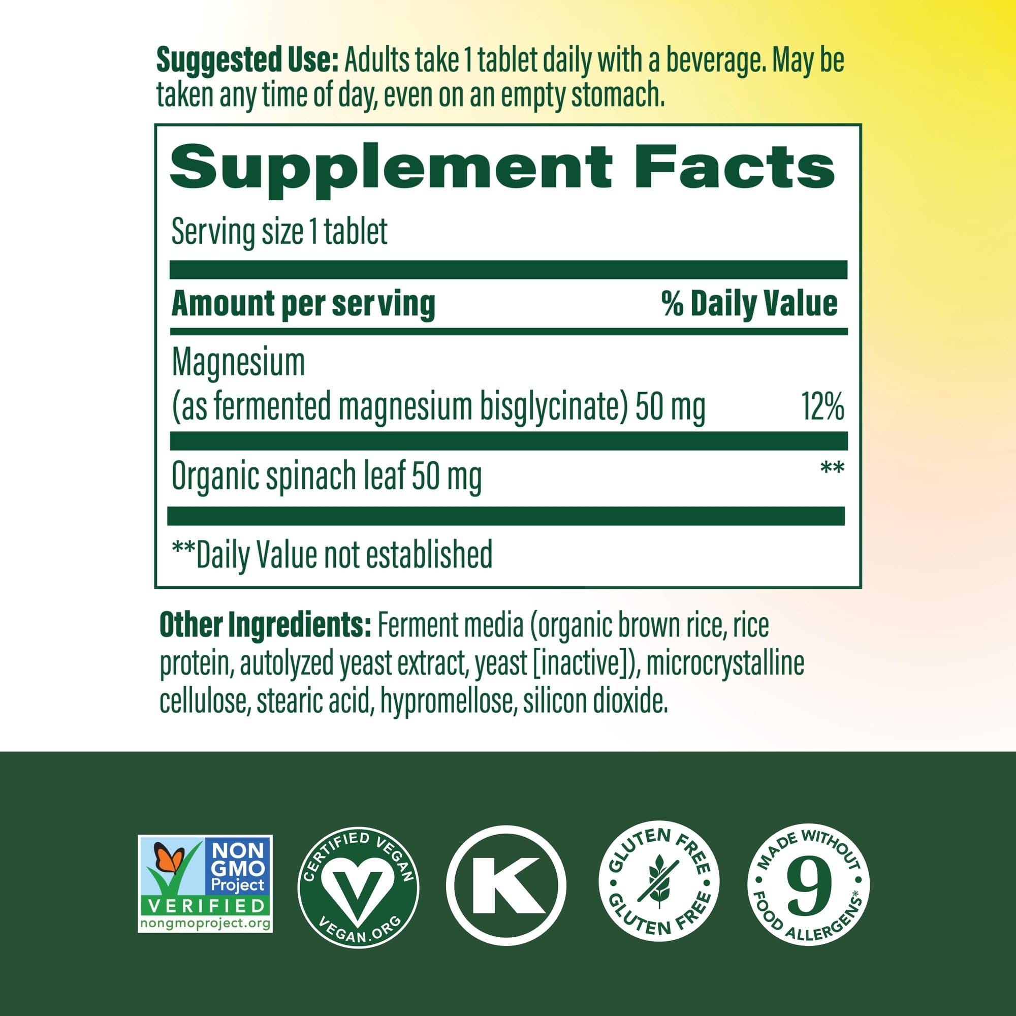 MegaFood magnesium supplement label highlights fermented magnesium glycinate chelate