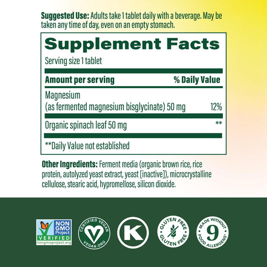 MegaFood magnesium supplement label highlights fermented magnesium glycinate chelate