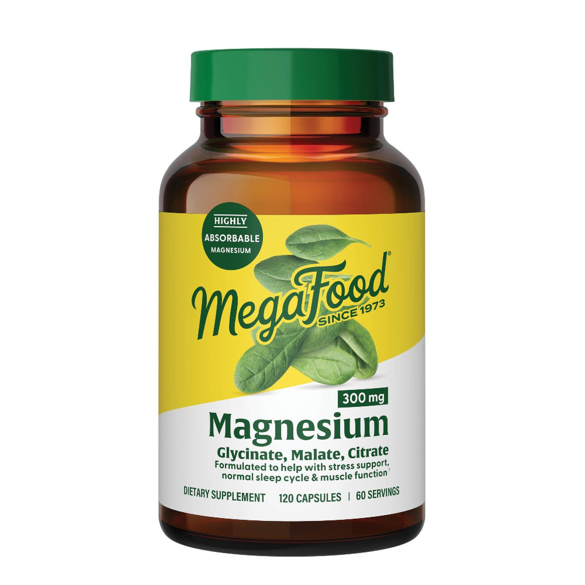 MegaFood magnesium triple-forms capsules on bottle front for balanced mineral support