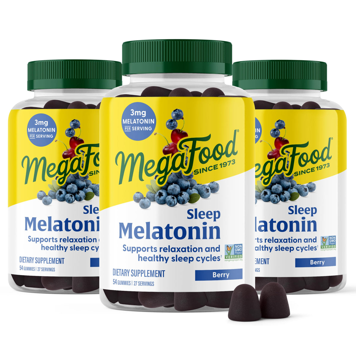 MegaFood Melatonin Gummies berry flavor close-up, inviting a relaxing bedtime treat.