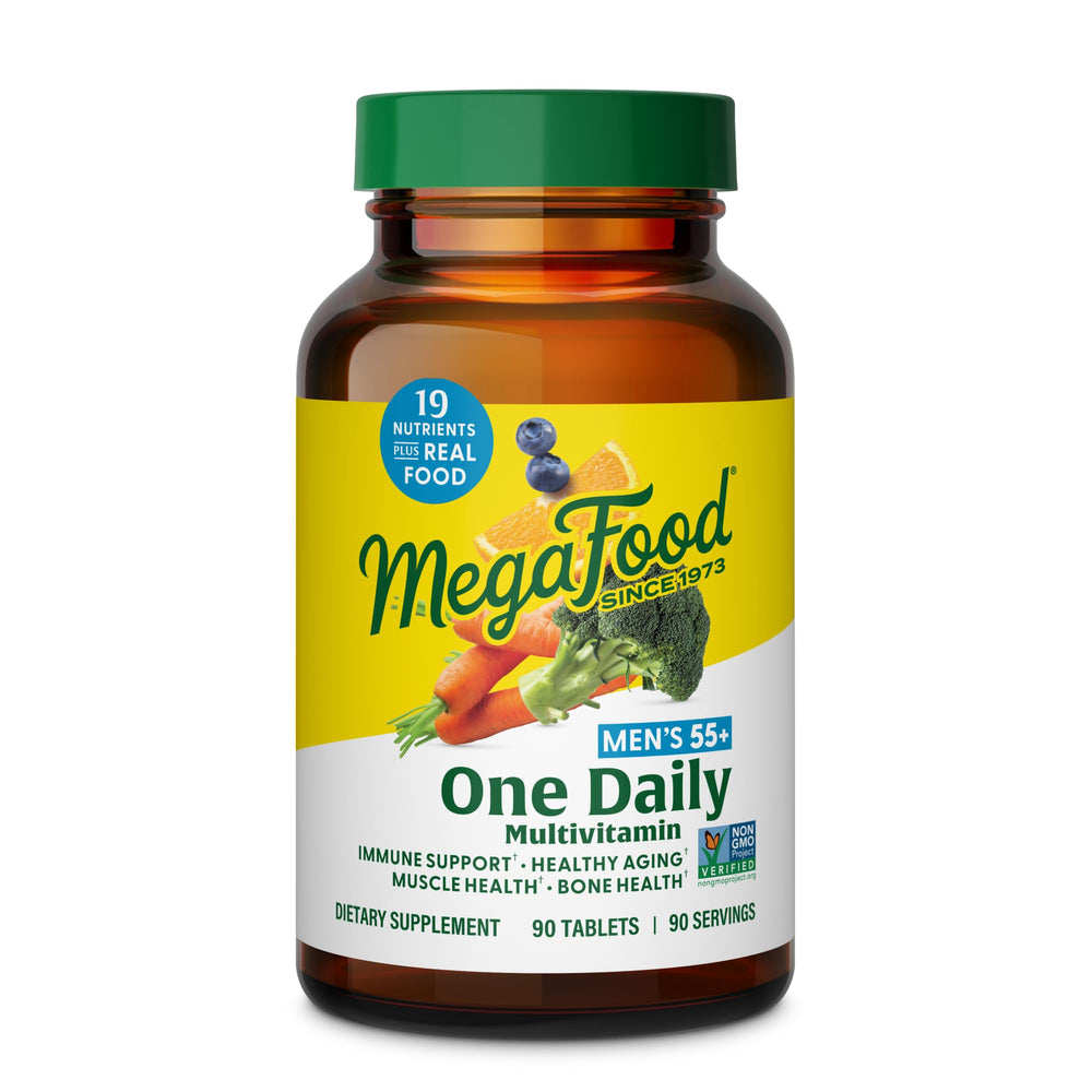 MegaFood Men 55+ multivitamin bottle showing one daily tablet for daily energy