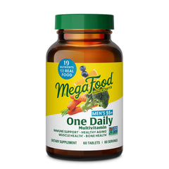 MegaFood Men 55+ one daily tablet on packaging; supports complete daily nutrition.