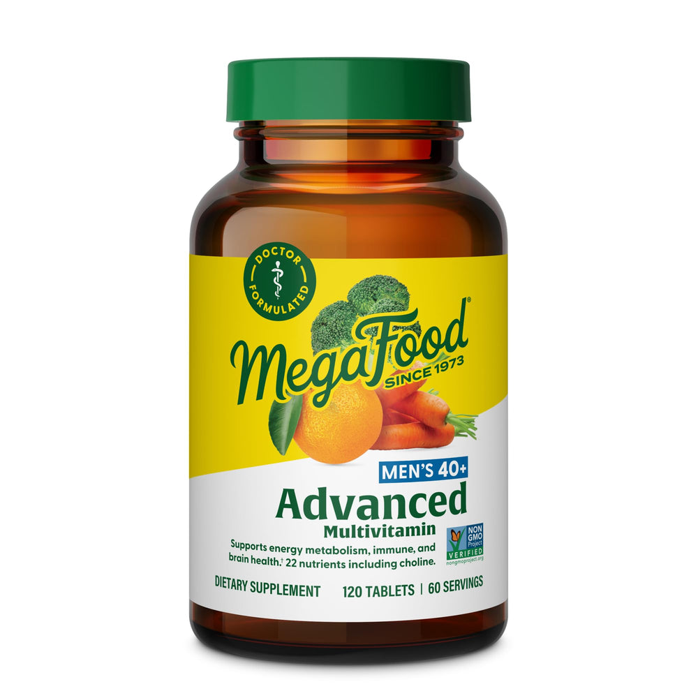 MegaFood Men 40+ multivitamin bottle for doctor-formulated daily vitality.