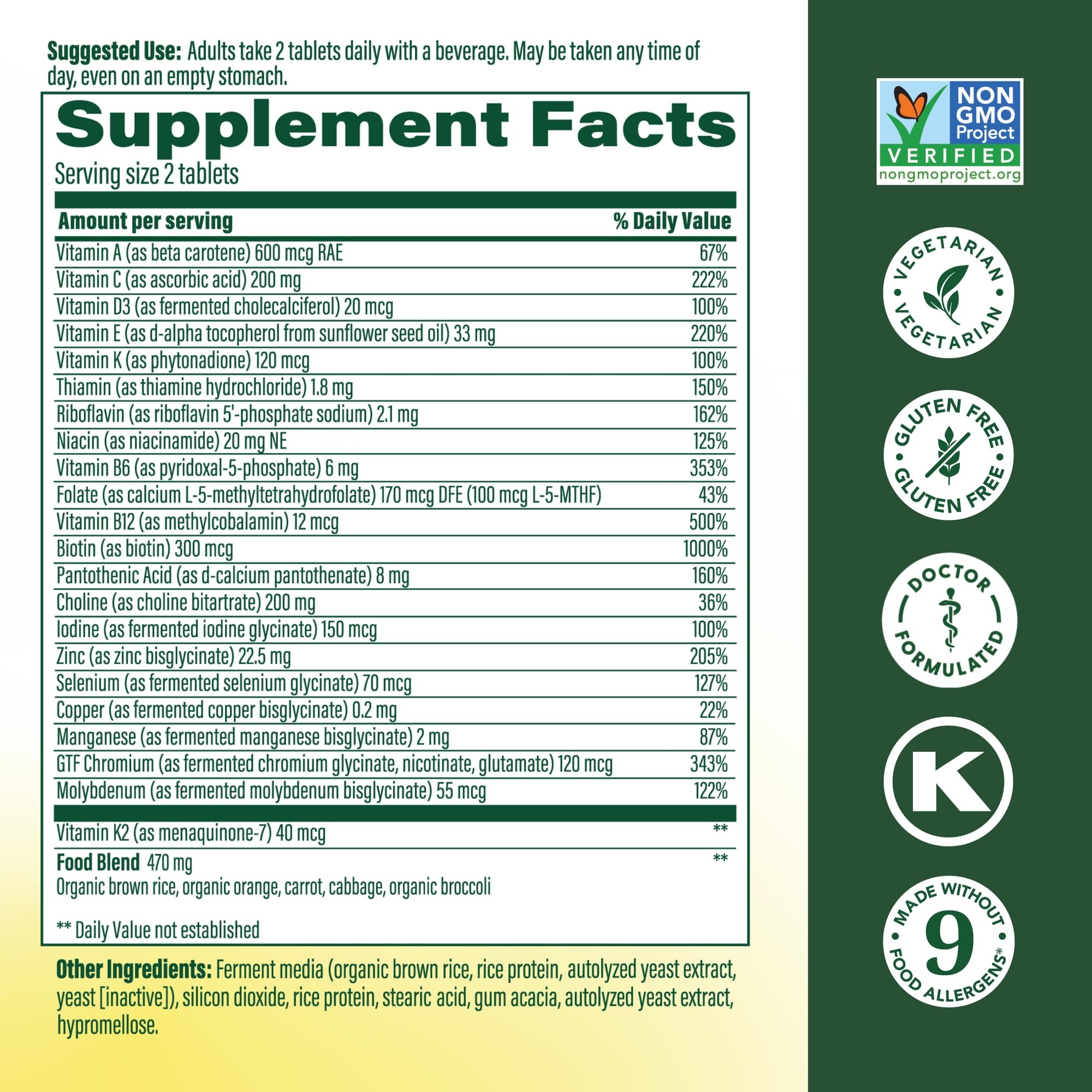 MegaFood Men’s Advanced Multivitamin tablet back view with dosage information