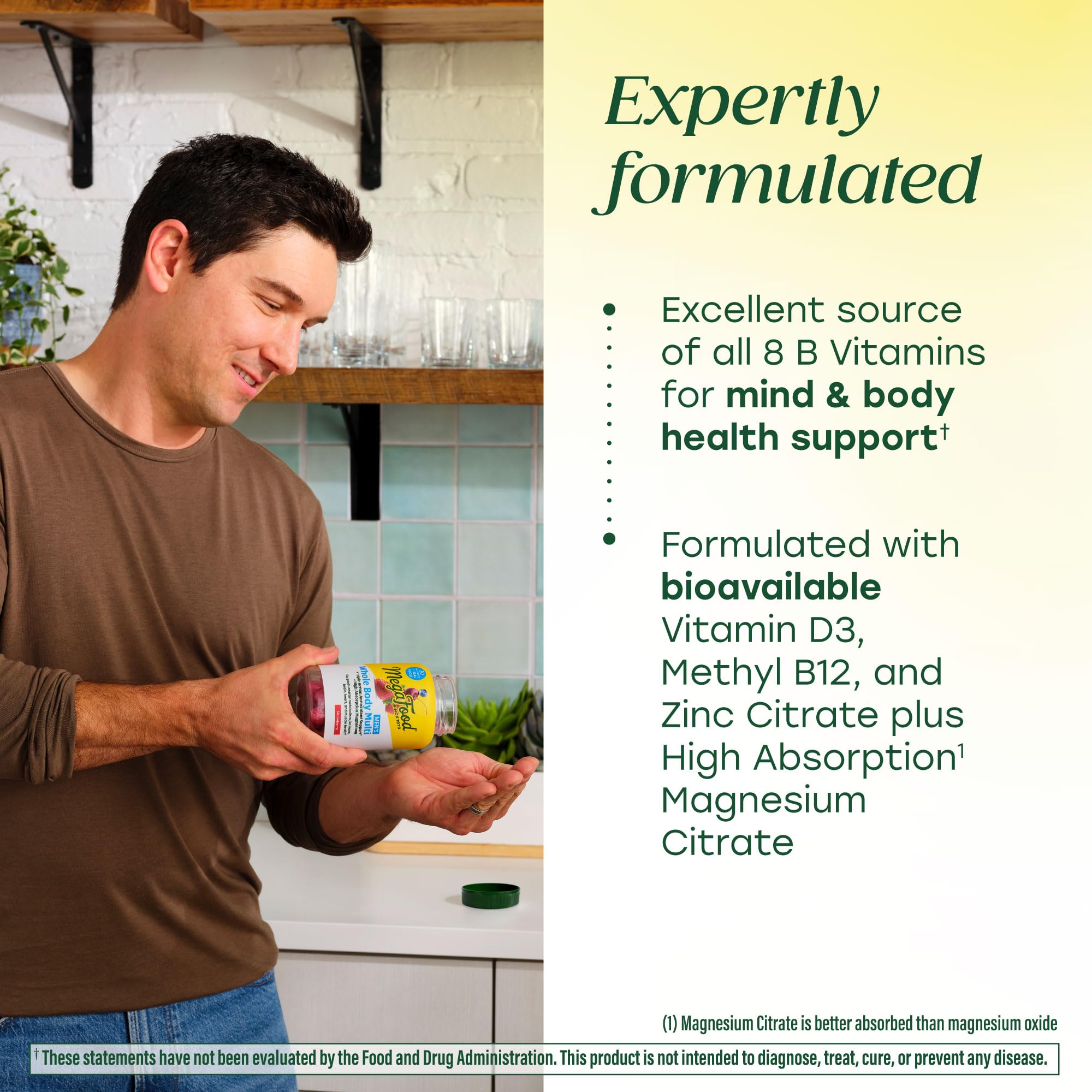 MegaFood Men’s gummies bottle opened to reveal soft chewable vitamins.