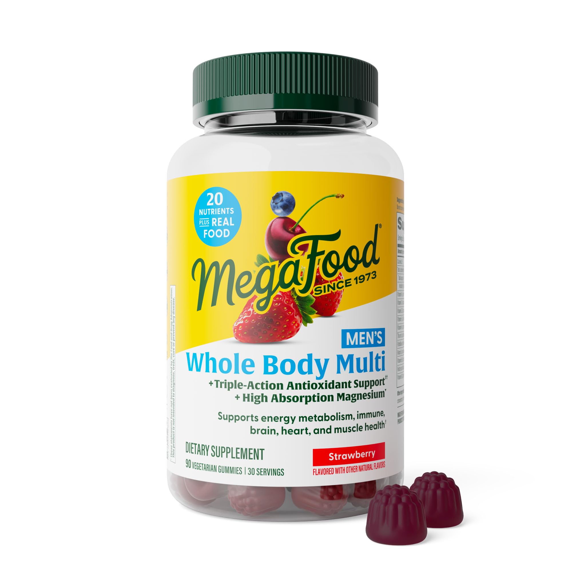 MegaFood Men’s gummies bottle highlighting a complete daily multivitamin blend for immune support.