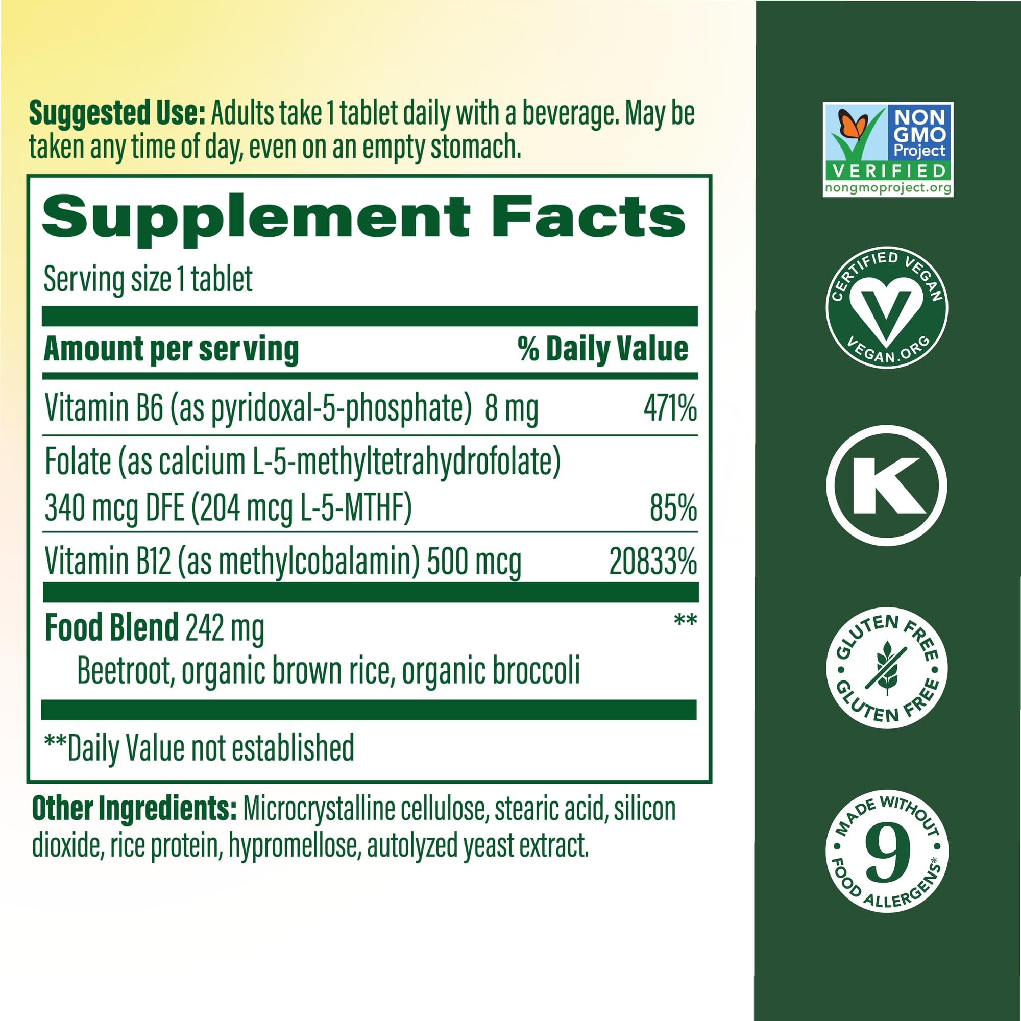 MegaFood Methyl B12 vegan bottle back lists ingredients and allergen info.