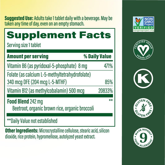 MegaFood Methyl B12 vegan bottle back lists ingredients and allergen info.