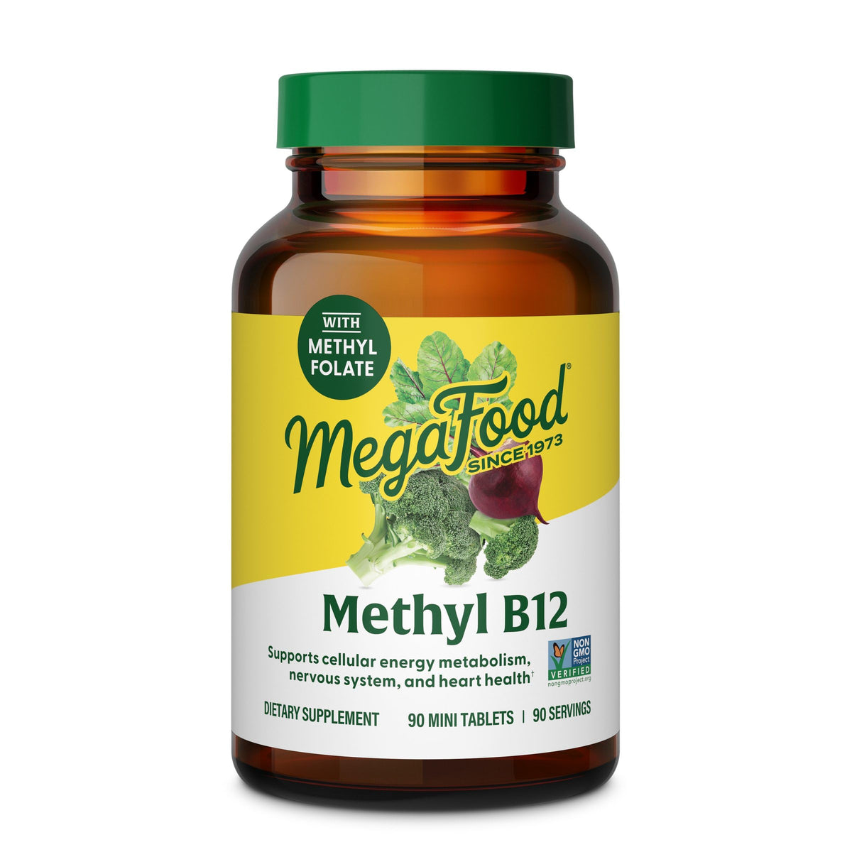MegaFood Methyl B12 vegan bottle front highlights energy and nerve support.