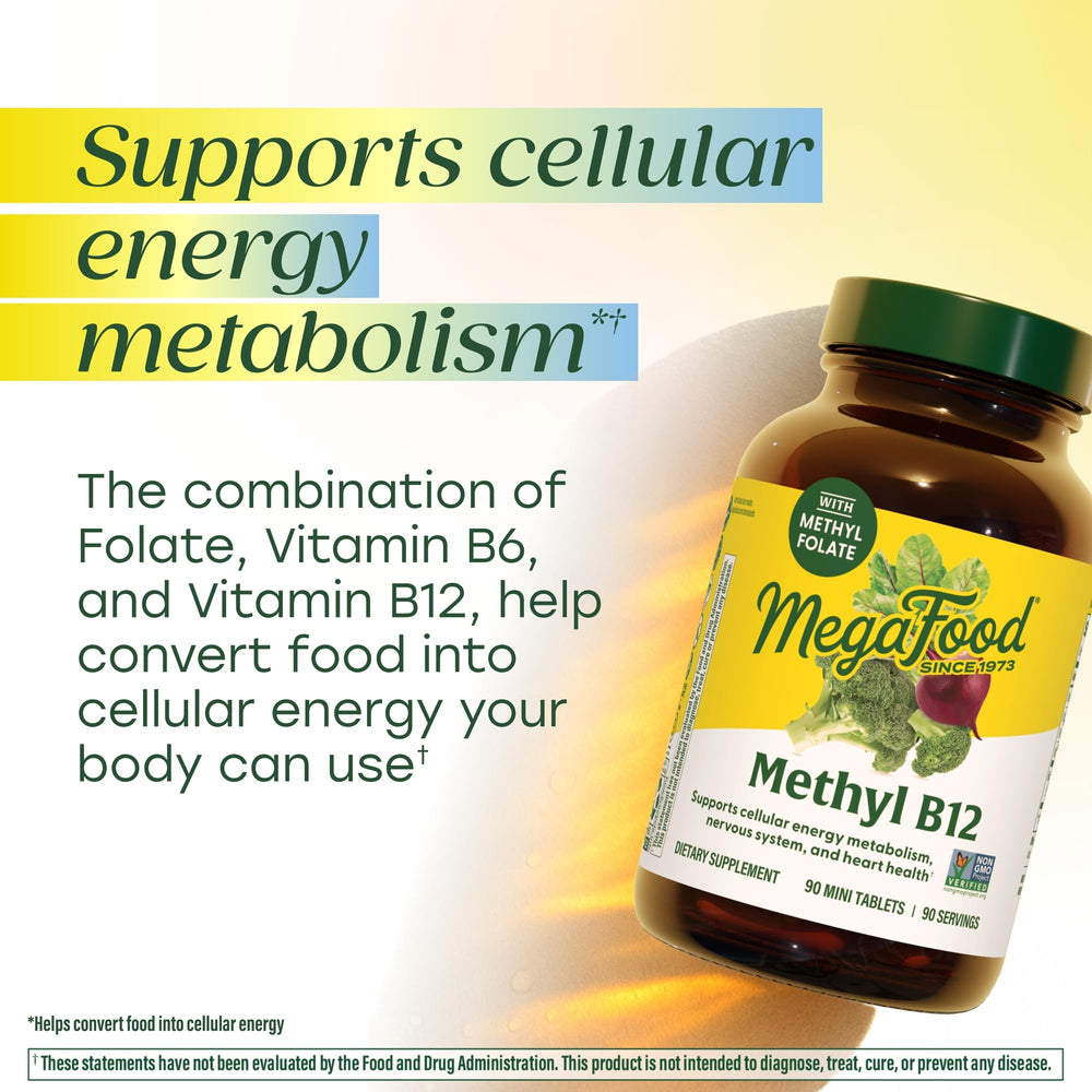 MegaFood Methyl B12 vegan tablets close-up shows compact daily-use pills.