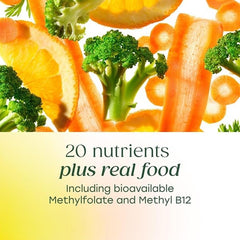 Real Food ingredients like broccoli, carrots, and oranges in the formula