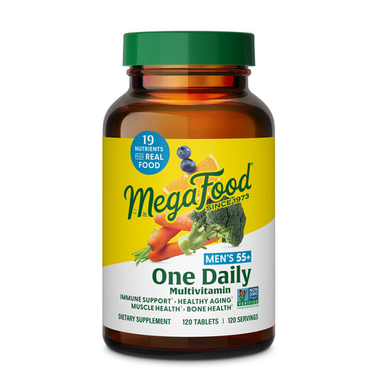 MegaFood men 55 plus bottle front supports daily energy and healthy aging