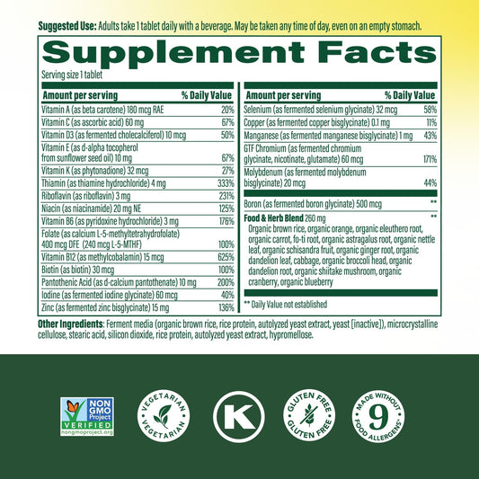 MegaFood One Daily Men's Multivitamin bottle side label showing gluten-free and vegetarian badges.