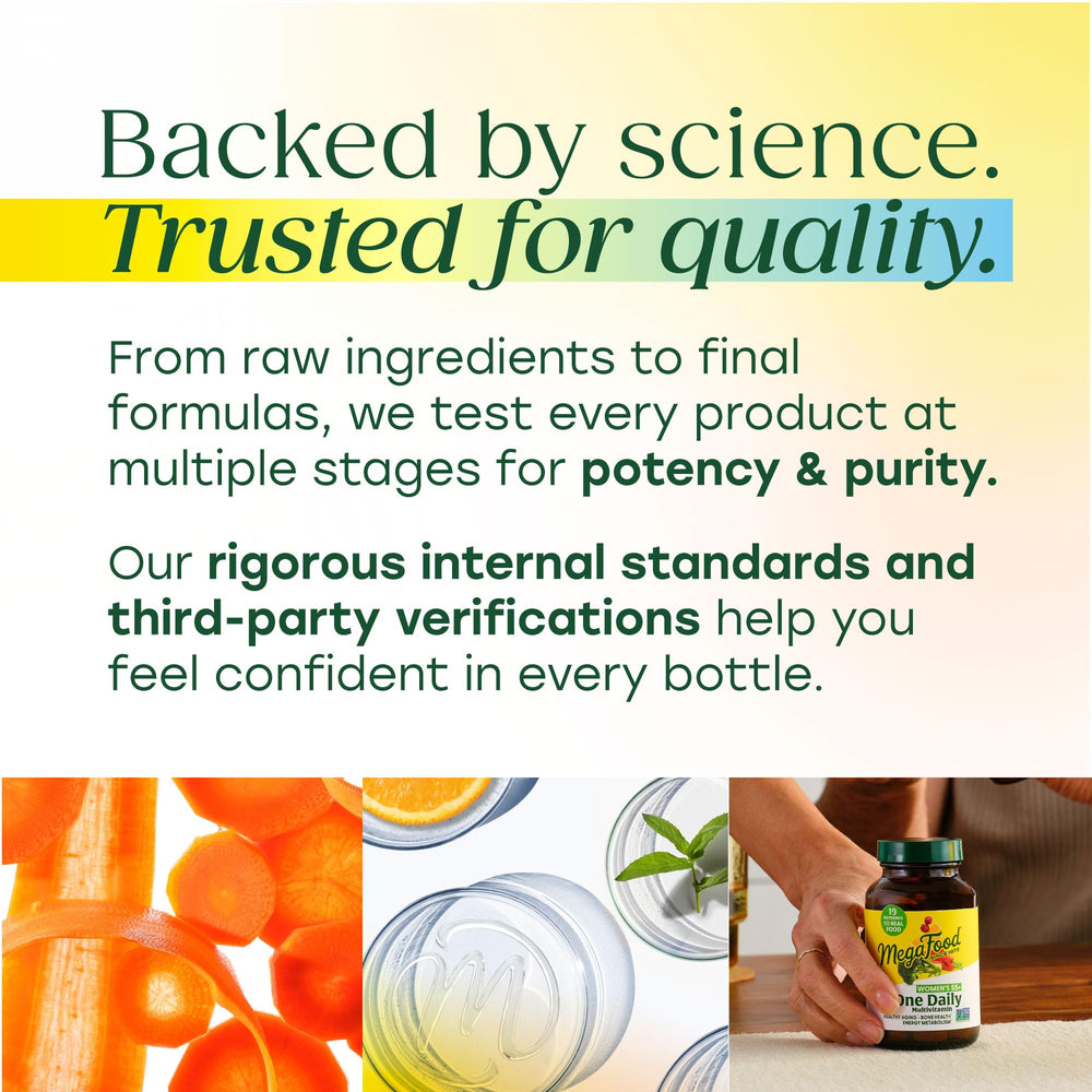 Colorful MegaFood vitamins suggesting easy, versatile daily intake