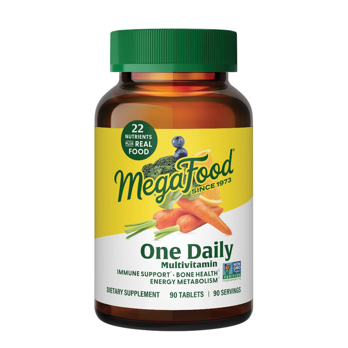 MegaFood One Daily bottle and tablets showing real-food nutrition for everyday wellness