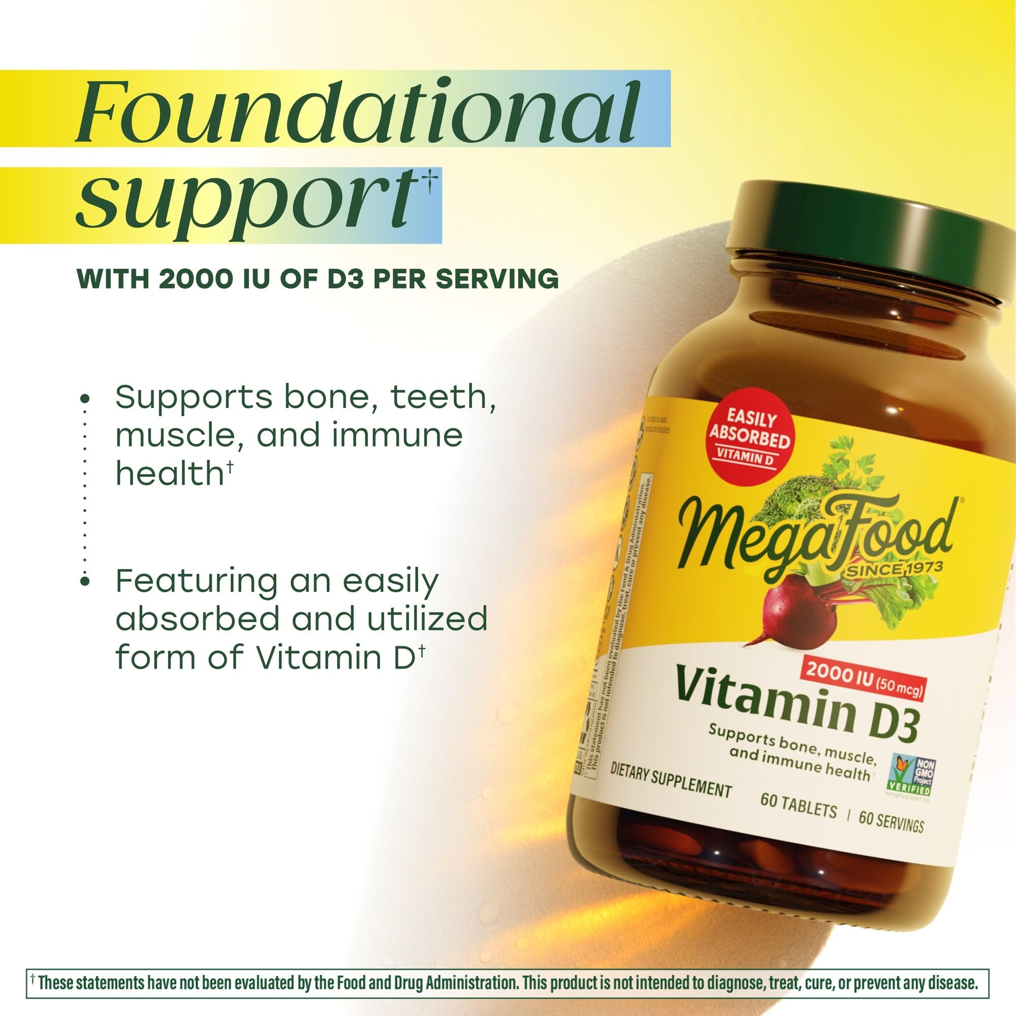 MegaFood real‑food ingredients label featuring broccoli and beets for nourishment.
