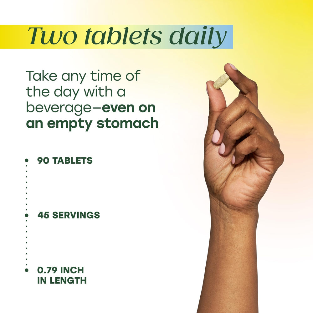 MegaFood Skin, Nails & Hair 2 tablets highlighting biotin and zinc nutrients.