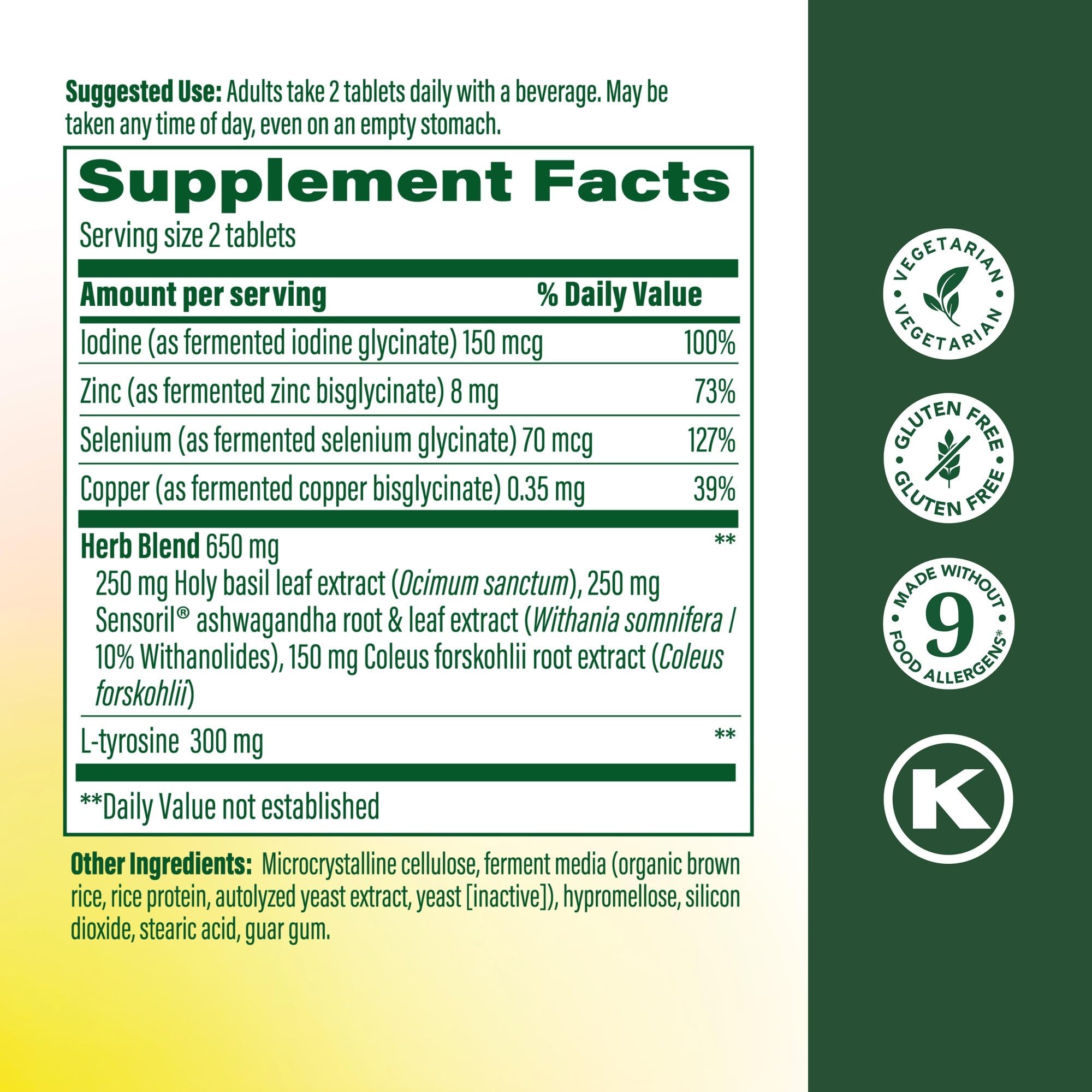 MegaFood Thyroid Strength bottle back with supplement details and minerals.