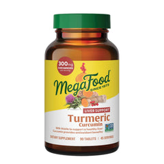 MegaFood Turmeric Curcumin bottle front view showing the product and serving size for liver support potential.