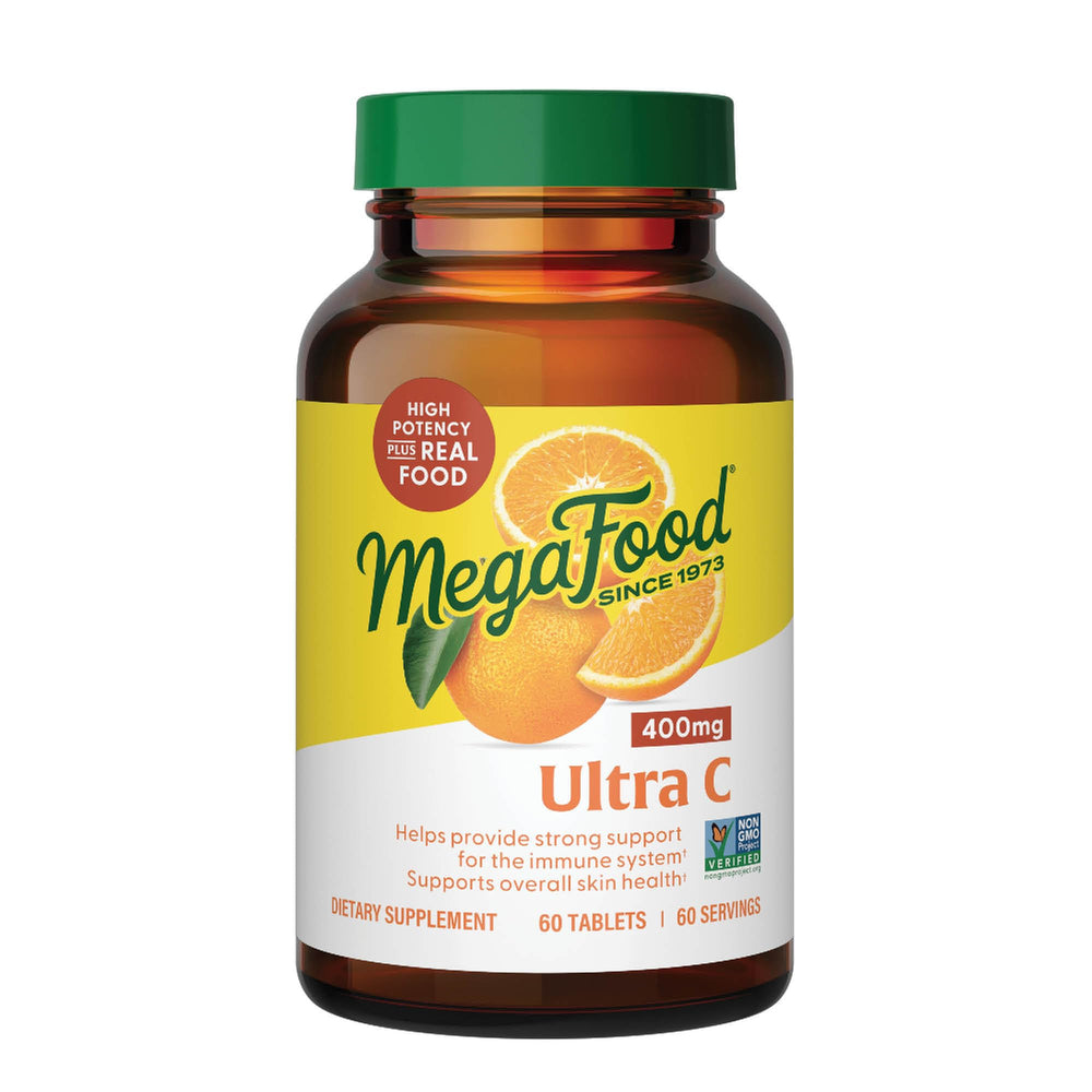 MegaFood Ultra C 400 mg bottle front shows vegan vitamin C support for daily immune health