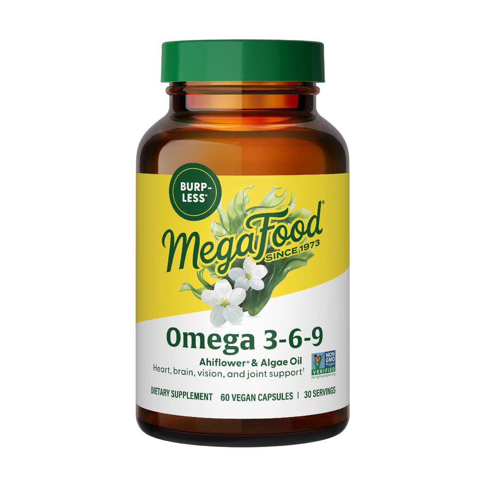 MegaFood Vegan Omega bottle shows a burp-free daily capsule for heart and brain support.