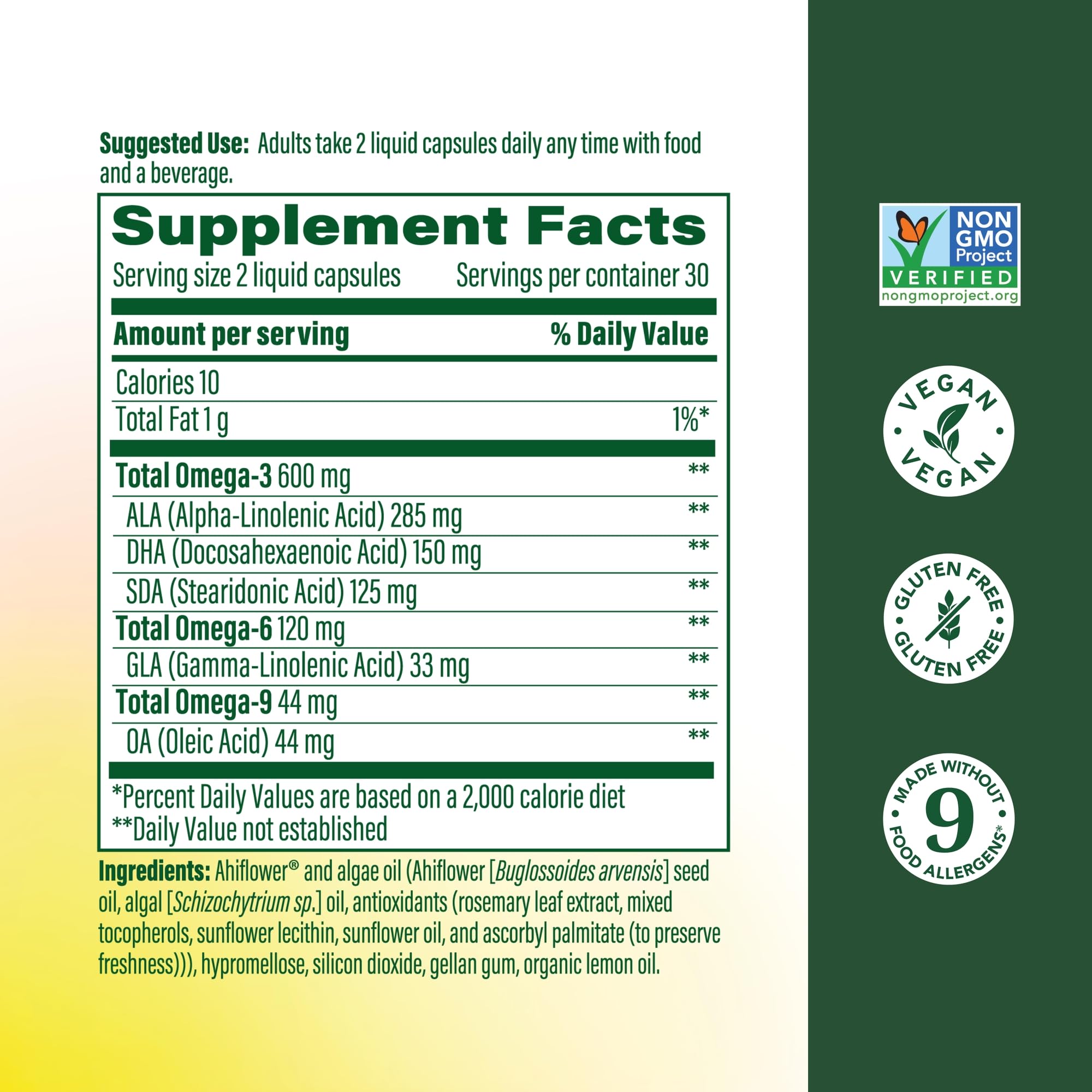 MegaFood Vegan Omega capsules feature a lemon coating for smoother, burp-free digestion.