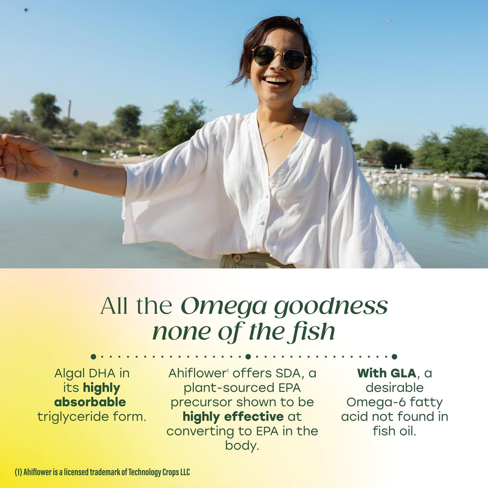 MegaFood Vegan Omega delayed-release capsules reduce aftertaste and provide a burp-free omega experience.