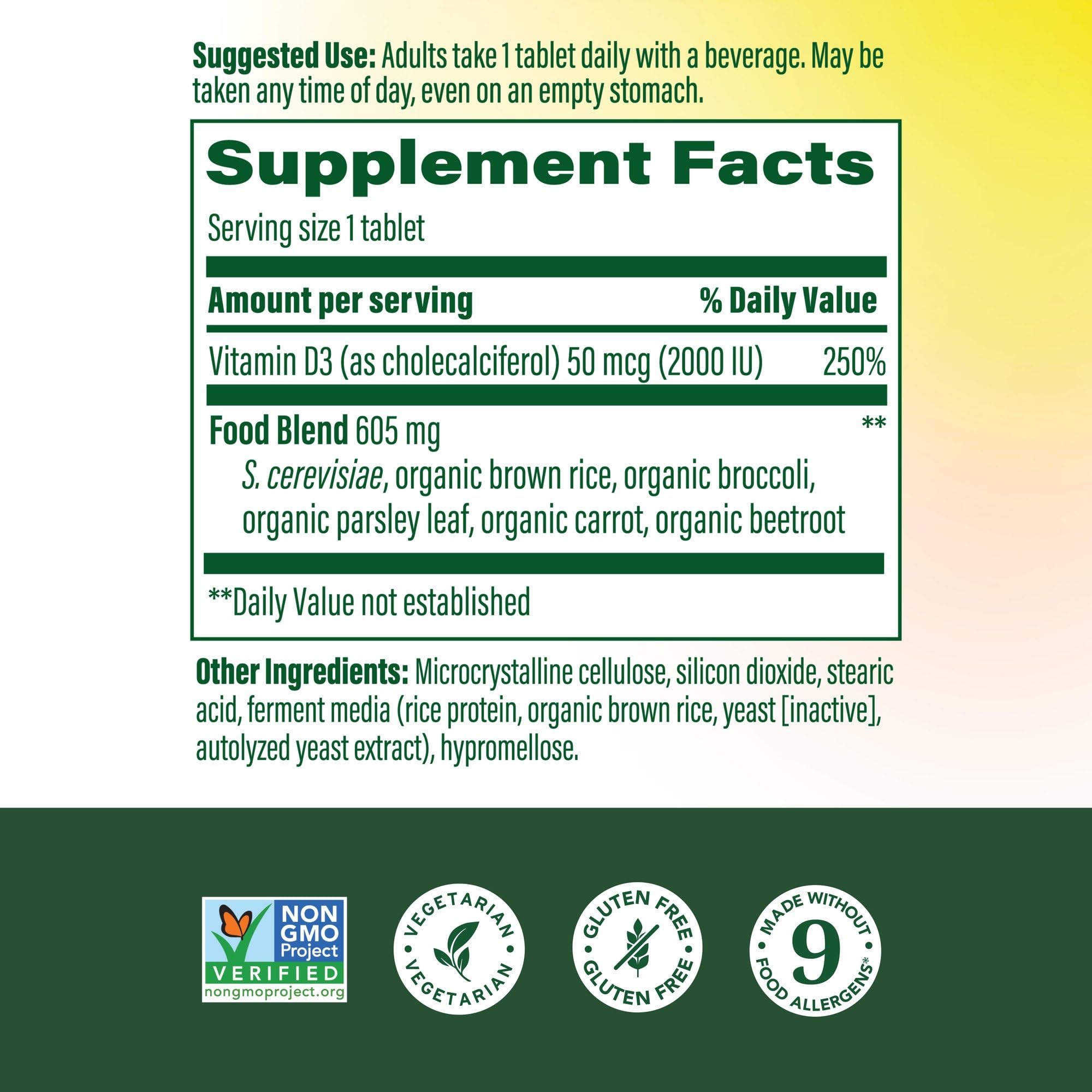 MegaFood Vitamin D3 tablet close-up showing 2000 IU dosage for daily support