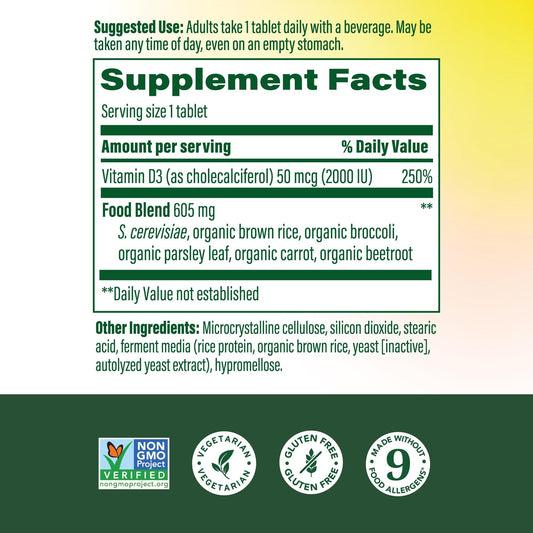 MegaFood Vitamin D3 tablet close-up showing 2000 IU dosage for daily support