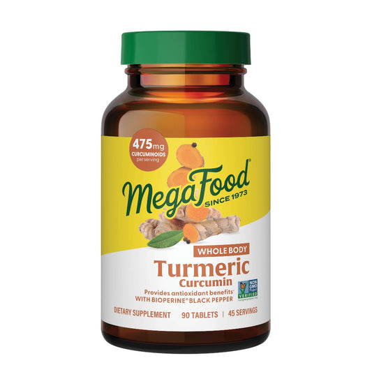 MegaFood Whole Body Turmeric bottle label with 90 tablets and 475 mg curcuminoids.