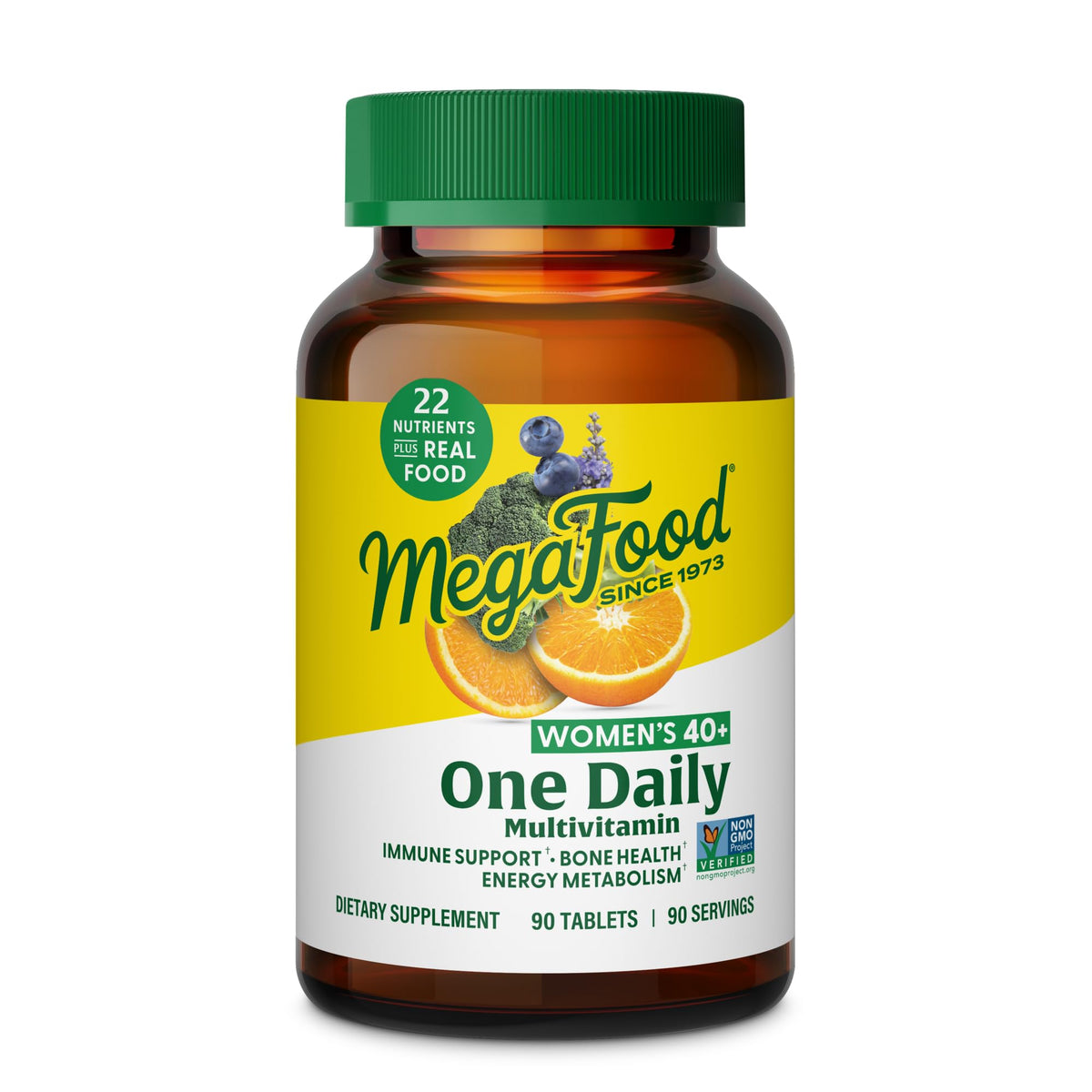 MegaFood Women 40+ tablet on counter signaling easy daily energy support