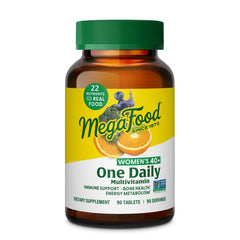 MegaFood Women 40+ tablet on counter signaling easy daily energy support