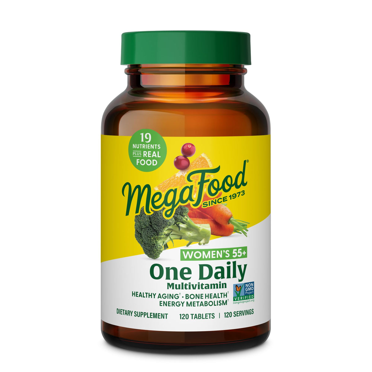 MegaFood Women 55+ one daily multivitamin bottle on counter supports daily wellness.
