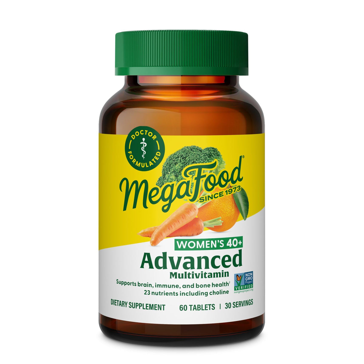 MegaFood Women's 40+ multivitamin bottle front highlighting key nutrients for daily energy.