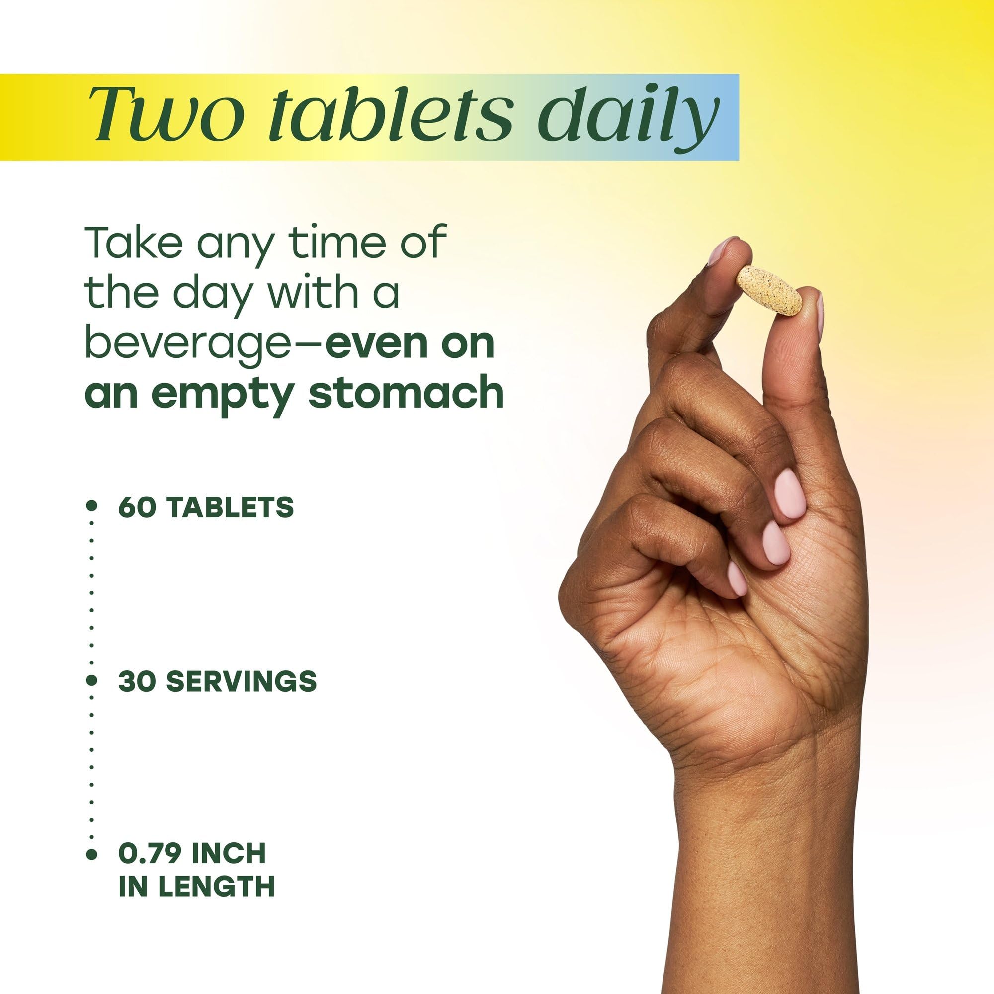 MegaFood tablets being poured into hand suggests two-daily serving flexibility.