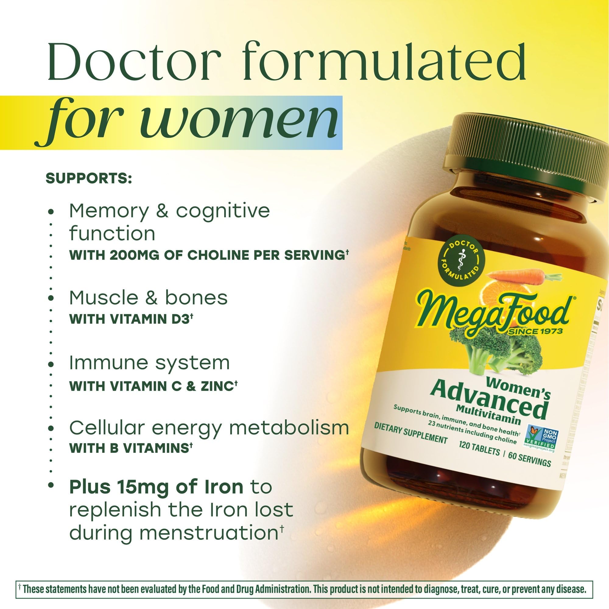 MegaFood label highlighting non-GMO and vegetarian formulation.