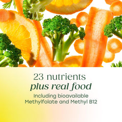 Visualization of real food ingredients in MegaFood formula including broccoli and carrots