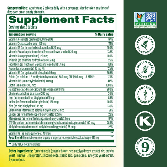 Closeup of MegaFood multivitamin tablets highlighting the compact daily capsules
