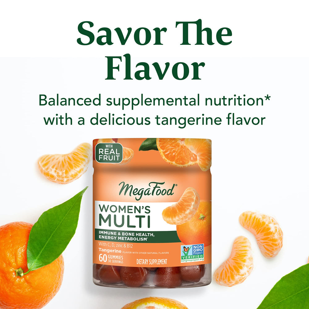 Close-up of MegaFood Women's Multi gummies in a dish showcasing tangy Tangerine flavor.