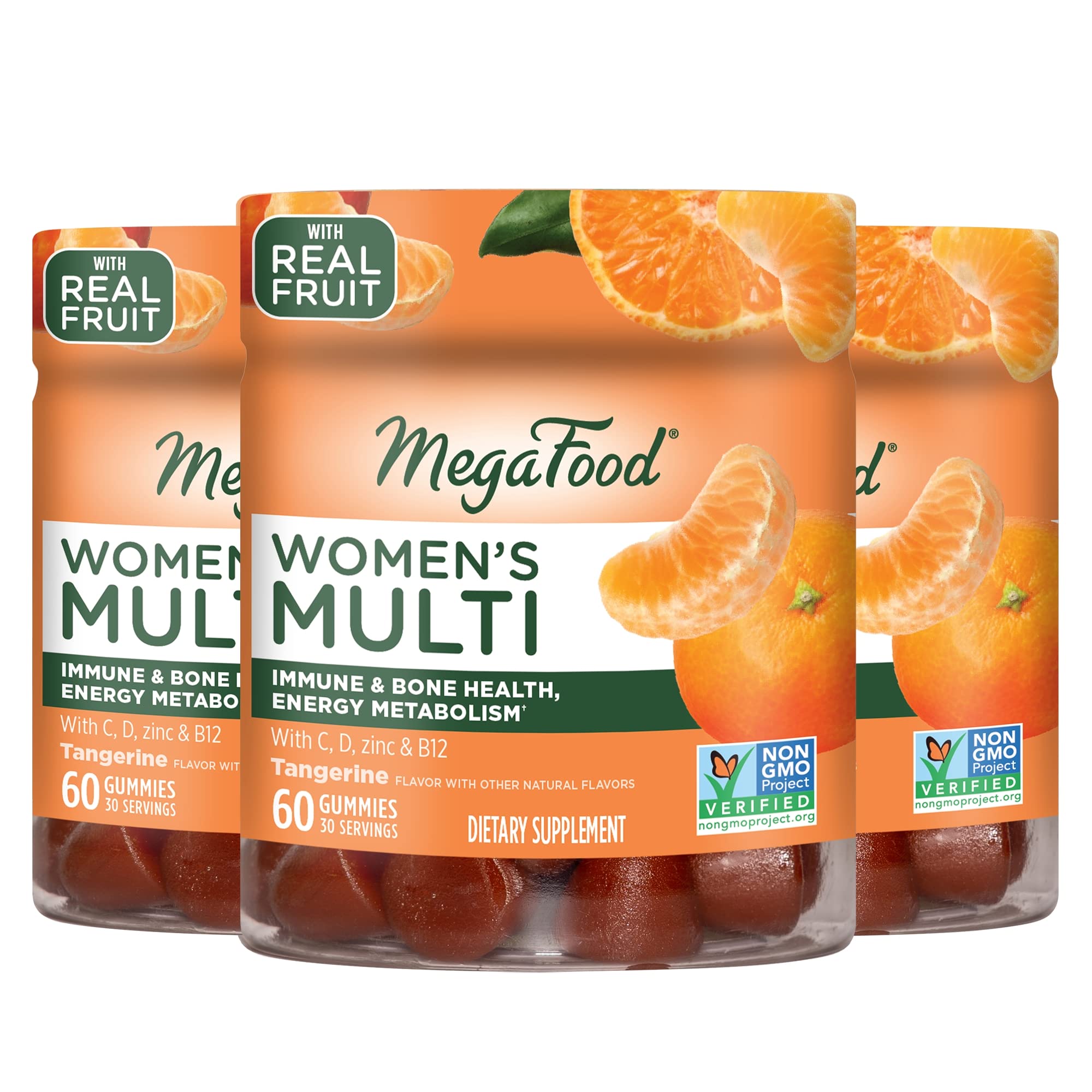 MegaFood Women's Multi Tangerine bottle front view highlighting immune and bone support.