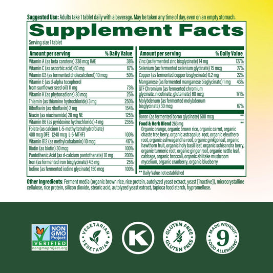 MegaFood 40+ bottle label highlighting methylated B12 and folate benefits.