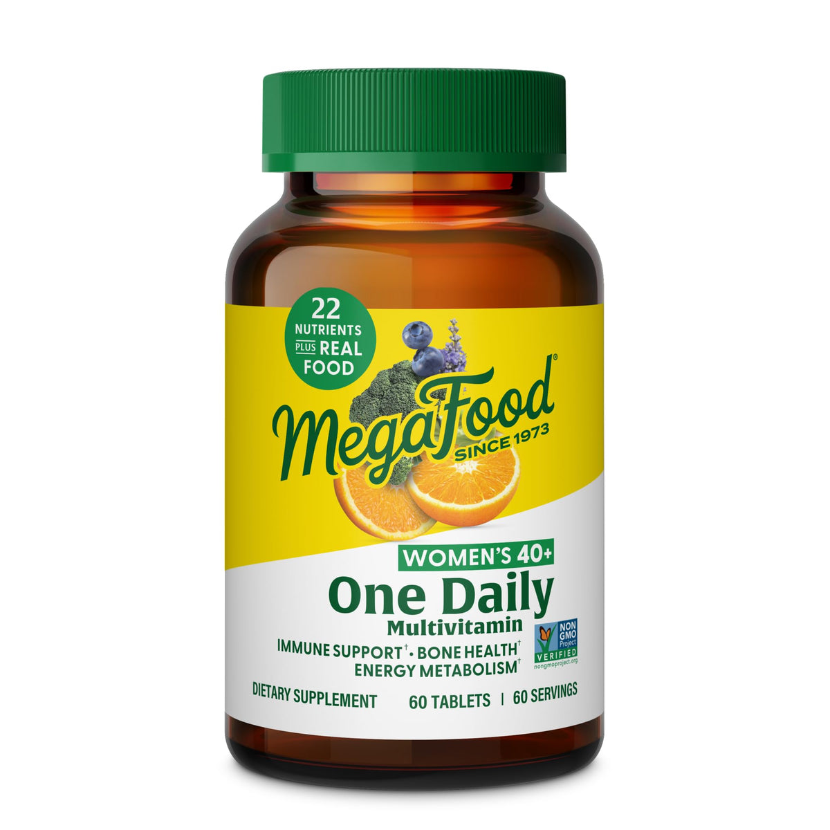 MegaFood Women 40+ multivitamin front bottle for daily energy and wellness.